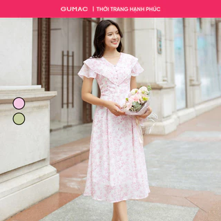 Đầm nữ form A xòe GUMAC cổ V bèo tay loe màu hồng xanh họa tiết hoa lá nhẹ nhàng nữ tính LDF0602