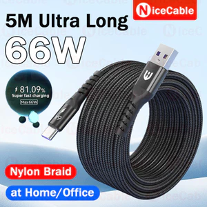 Dây dữ liệu dệt Nylon siêu dài 5M tại nhà / văn phòng 66W Cáp sạc điện thoại USB sang Type C Cáp sạc siêu nhanh 6A