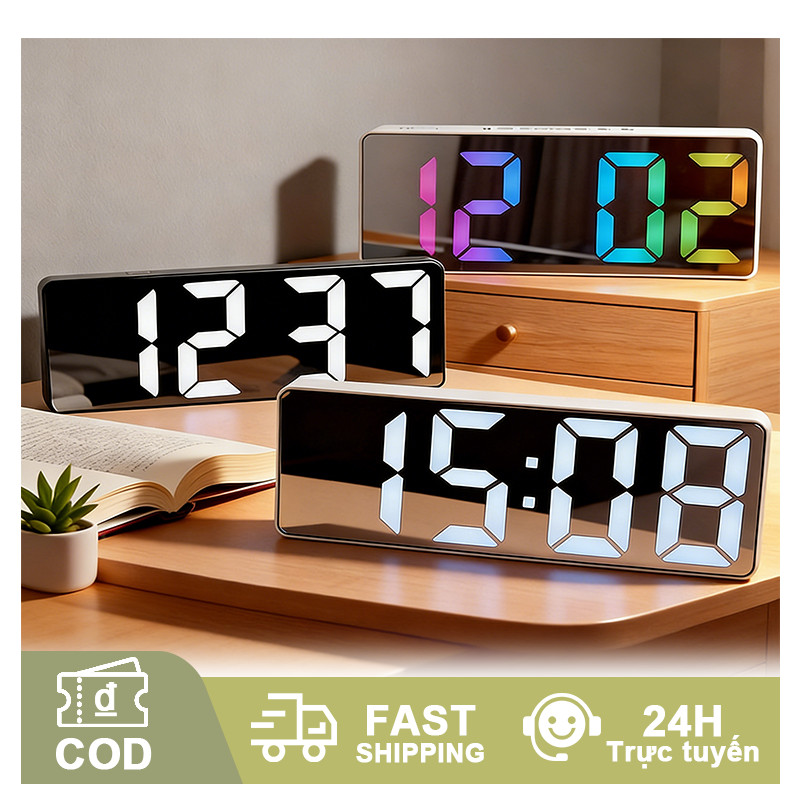 Đồng hồ LED 3D thông minh để bàn treo tường, báo thức, hiển thị thời gian & nhiệt độ, decor vintage phòng ngủ