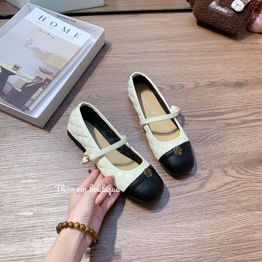 [Thảo Em - BB03 ] Giày bệt búp bê da trám nữ quai ngang đính hoa trà bánh bèo [Mã Mới]