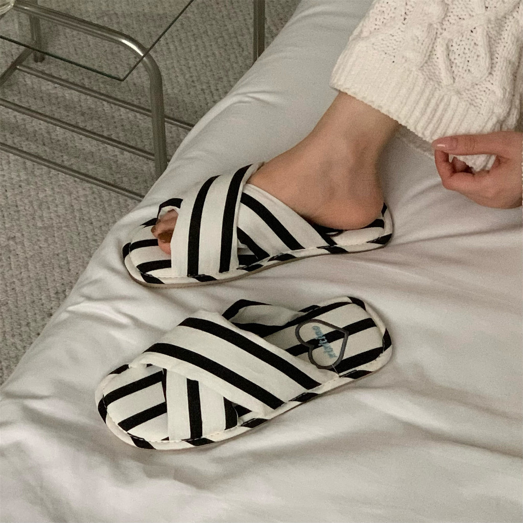 XIXITIAO Dép Cotton Cross Stripes Nữ Nhẹ Bốn Mùa Đa Năng Phòng Ngủ Gia Đình