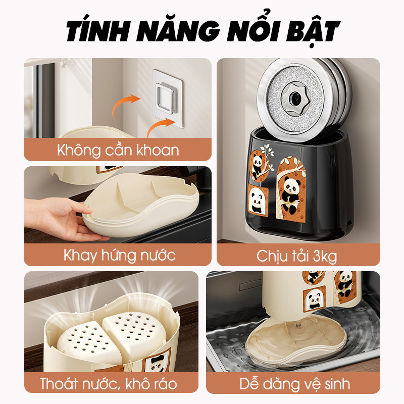 Hộp Đựng Đũa Gấu Trúc Treo Tường Không Cần Khoan, Giá Đựng Dao Kéo Nhà Bếp, Kệ Để Đũa Thoát Nước Gọn Gàng DINO