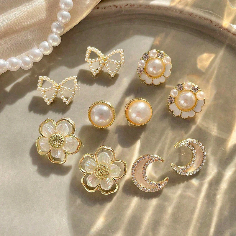 Bộ bông tai ngọc trai hoa nơ mặt trăng, style retro Pháp đơn giản, cao cấp dành cho nữ (10 cái)