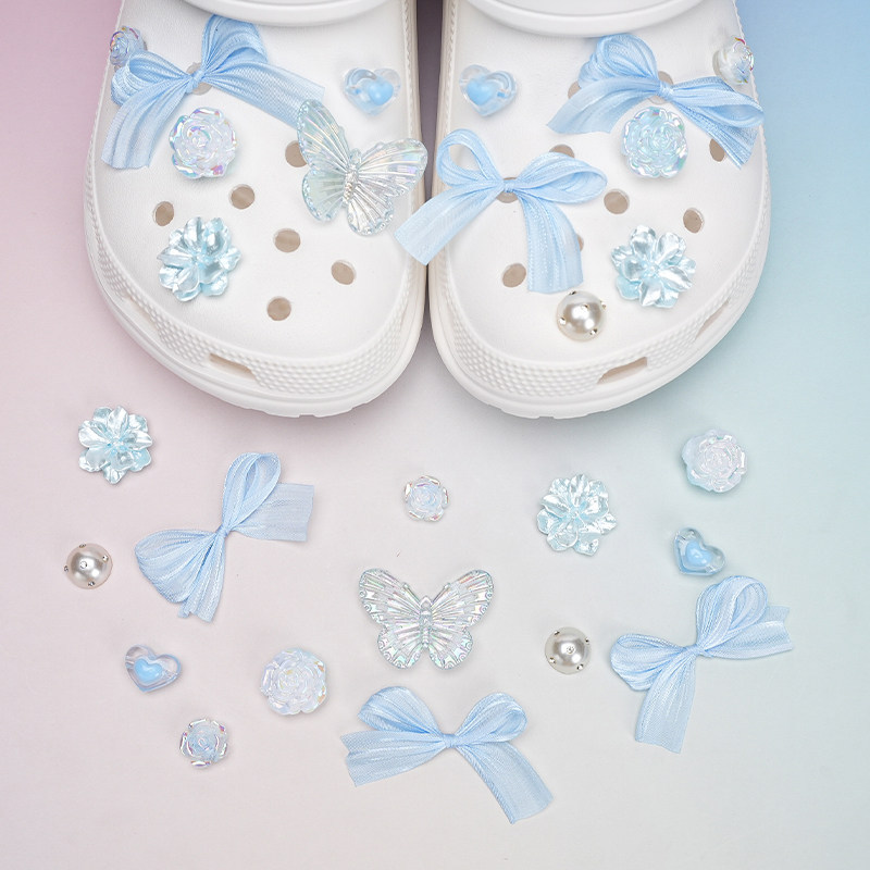 Phụ Kiện Lỗ Nơ Xanh Giày Tình Yêu Hoa Ba Lê Phong Cách Tự Làm, Dùng Cho Crocs, Có Thể Tháo Rời, Zhibixing ins