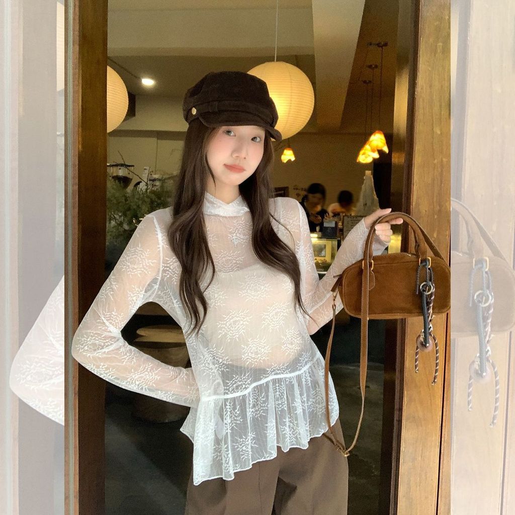 Milyfashion See-Through Trắng Nửa Cổ Cao Ren Mỏng Tay Áo Thun Vải Jacquard Phong Cách Ballet