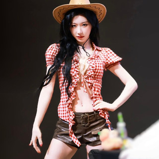 Áo Kẻ Sọc Đỏ Tay Phồng Cổ Chữ V, Phối Ren Ruy Băng - Style Hàn Quốc