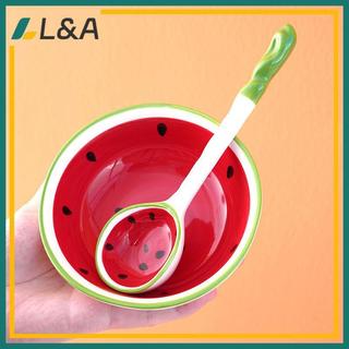 L & A Bát gốm hình dưa hấu kèm thìa, dùng cho ngũ cốc, ramen, canh, hoa văn trái cây