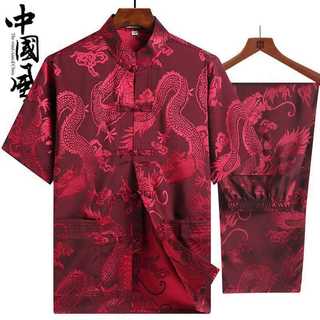 Áo sơ mi và quần Ice Silk dành cho nam giới trung niên, phù hợp Tết Nguyên Đán và mùa hè, size lớn 40-100kg