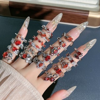 Lựu Đỏ Nhẫn Nữ Ánh Sáng Sang Trọng Họa Tiết Hoa Nghệ Thuật - Thoải Mái Và Thời thượng