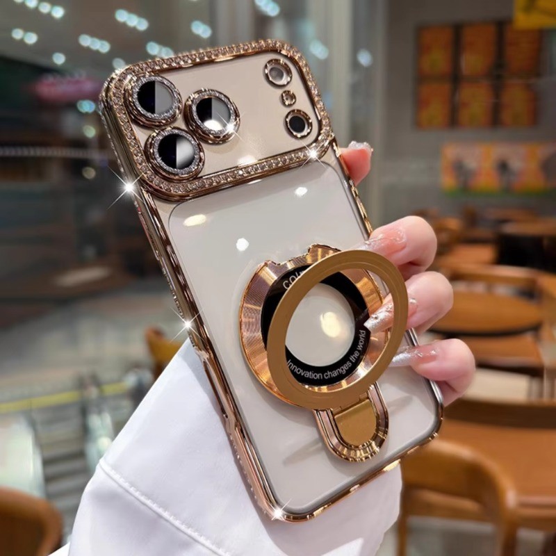Ốp Điện Thoại Kim Cương Giả Sang Trọng Cho iPhone 17 Pro Max 16 Plus 15 14 13 12 11 Không Khí Có Giá Đỡ Từ Tính Nhẫn Trong Suốt Ốp Lưng
