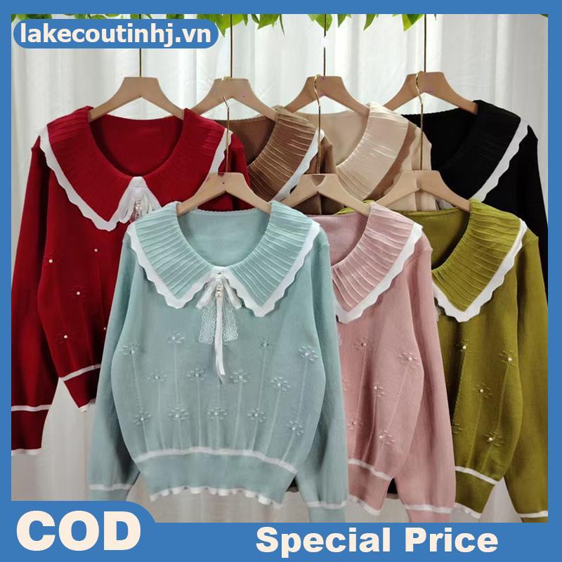 Áo len Hàn Quốc cổ búp bê dài tay, nơ ngọt ngào và hạt đính cườm dành cho nữ