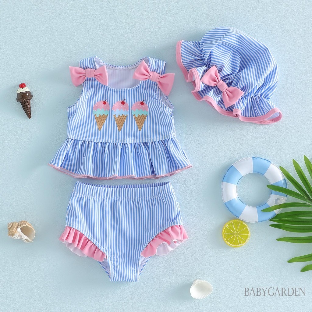 Bé Gái 3 Bộ Bikini In Kem Tank Top Với Quần Short Sọc Và Mũ Đồ Bơi Cho Đi Biển Mùa Hè Tắm