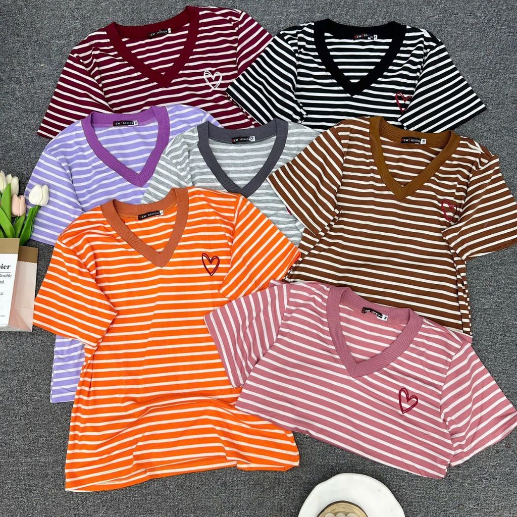 Áo Thun Nữ ESHOP MS515 Bigsize Kẻ Sọc Cổ Tim Tay Ngắn Chất Cotton Mềm Mịn Thoáng Mát Phù Hợp Mùa Hè