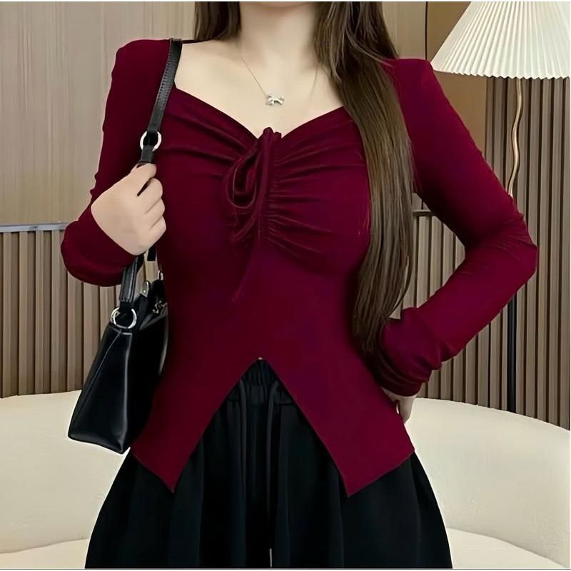 Áo Thun Tay Dài Nữ Big Size Cổ V Rút Dây ESHOP Áo Nữ Chất Thun Tăm Mềm Mịn Co Giãn MS304 TD