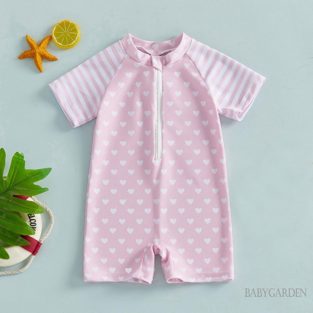 6M-4Y Tập Đi Bé Gái Đồ Bơi Mùa Hè Tay Ngắn Cổ Tròn Chấm Sọc In Dây Kéo Phía Trước Đồ Bơi Dễ Thương