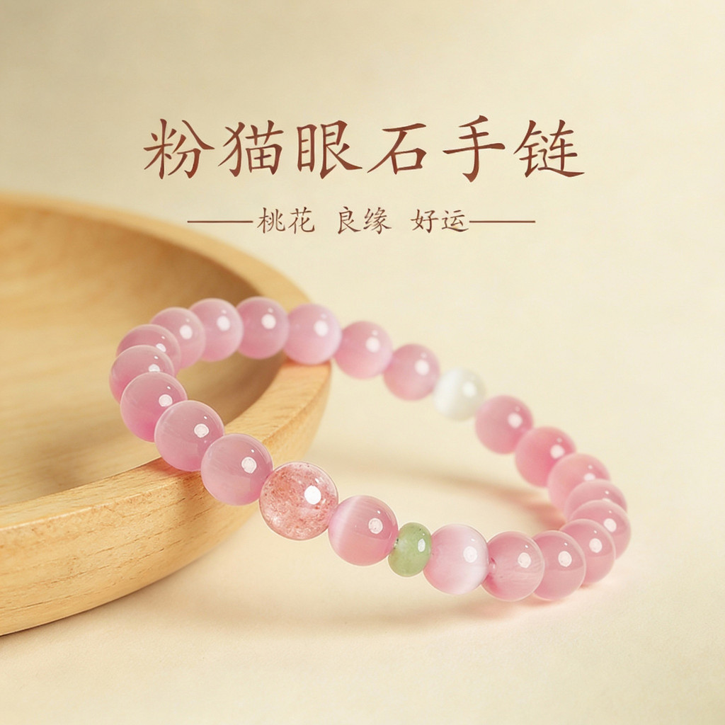 Vòng tay mắt mèo màu hồng phong cách Trung Quốc, mang lại may mắn và vẻ dễ thương