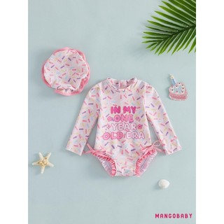 MG-Baby Girls Rash Guard 1st Đồ bơi sinh nhật Rompers In chữ dài tay cổ tròn Bộ đồ tắm cho trẻ sơ sinh có mũ bơi