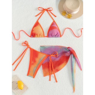 Đồ bơi bikini ba mảnh lưới dây với thiết kế cầu vồng nhiều màu sắc