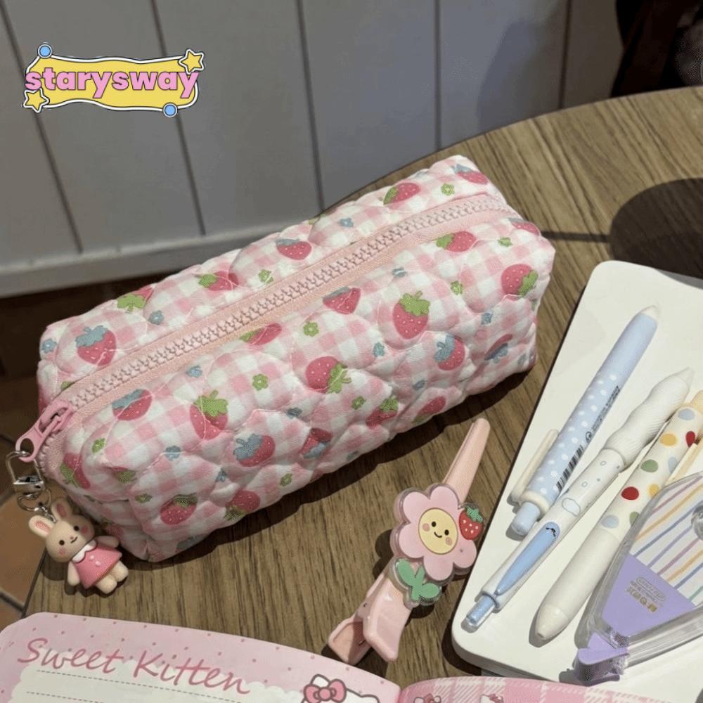 Túi lưu trữ STARYSWAY, Họa tiết dâu tây có dây kéo Túi trang điểm, Túi đựng máy ảnh Polyester dung tích lớn dễ thương Lưu trữ trang điểm