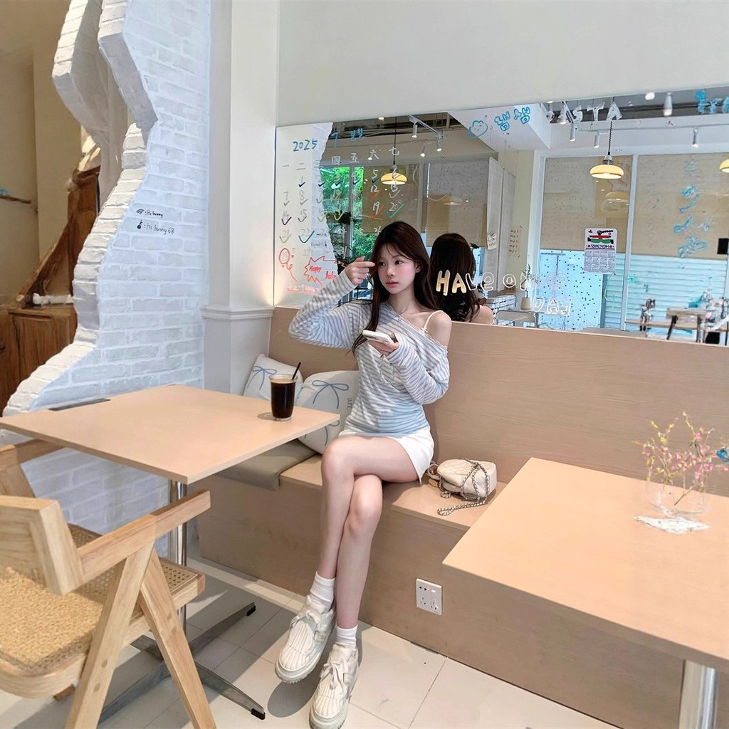 Sơ mi sọc vai áo thun nữ thu đông, phong cách Hàn Quốc, ômbody thời thượng