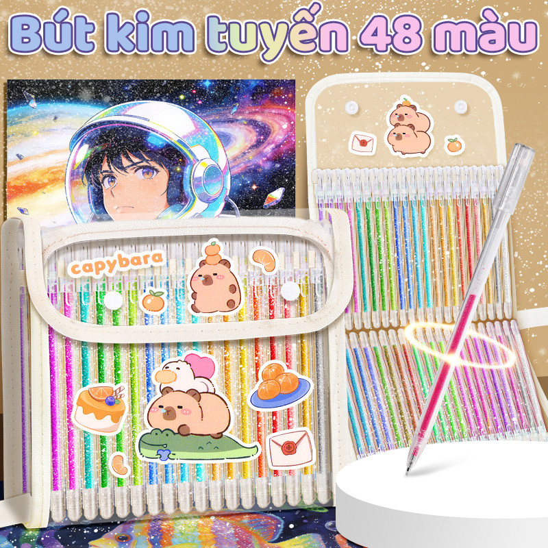 Bút highlight nhiều màu kim tuyến – Thiết kế dễ thương tem Capybara, bộ 12/24/36 cây cho học sinh