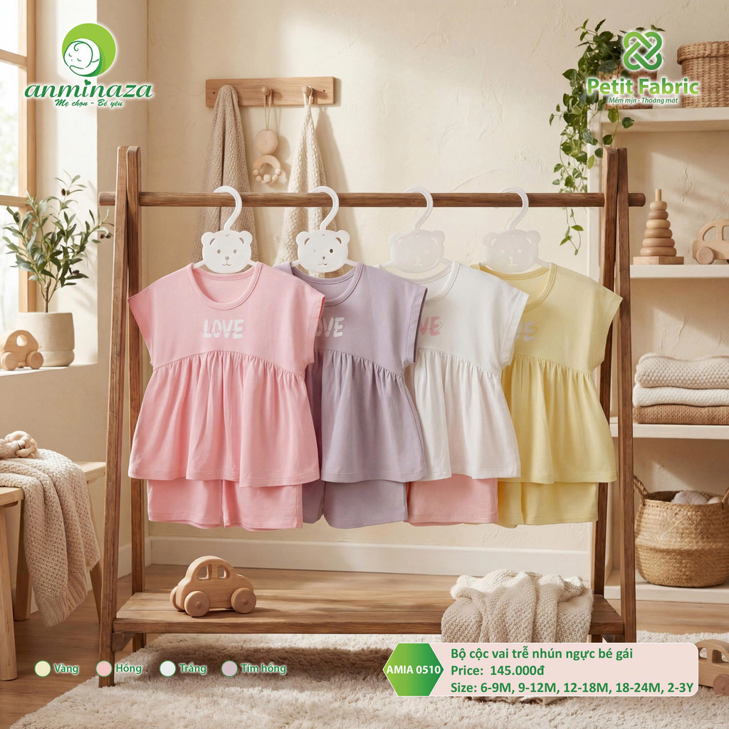 Bộ Cộc Tay Trễ Nhún Ngực Bé Gái Anminaza Vải Sợi Tre Petit Mềm Mại Thoáng Mát - Hàng Chính Hãng AMI0510