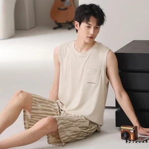 Ice Silk Ren Bộ Đồ Ngủ Nam Mỏng Cổ Tròn Áo Quần Short Thanh Niên Dáng Rộng Loungewear