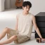 Ice Silk Ren Bộ Đồ Ngủ Nam Mỏng Cổ Tròn Áo Quần Short Thanh Niên Dáng Rộng Loungewear