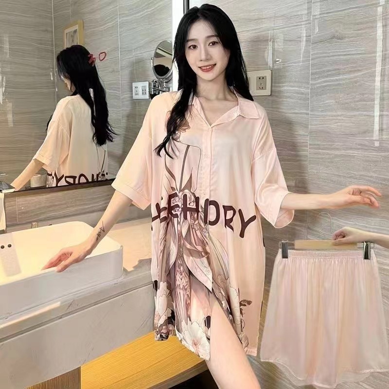 Bộ Đồ Ngủ Bé Gái Nhẹ Nhàng Sang Trọng Thoáng Mát Tay Ngắn Váy Ngủ Cổ Chữ V Phong Cách Mỏng Có Thể Mặc Bên Ngoài Băng Lụa Mát