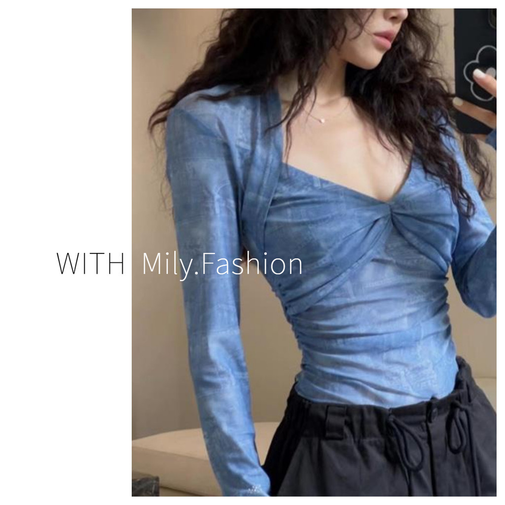 Milyfashion Áo Thun Tay Dài Chống Nắng Mỏng Cổ Chữ v Xuyên Thấu Ôm Dáng Mùa Hè Phong Cách Desire Cho Nữ