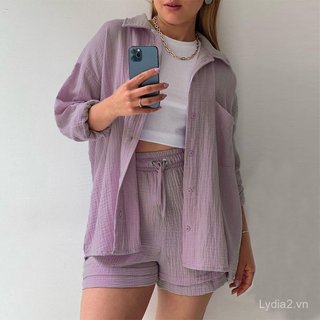 [Giảm giá 10% toàn bộ cửa hàng] Giảm giá trong thời gian có hạn Grab 26 Phong cách mới Thời trang Plus Size Nữ Bộ đồ hai mảnh Vải nhăn Ve áo sơ mi dài tay Quần short dây rút eo cao Plus Size Thời trang