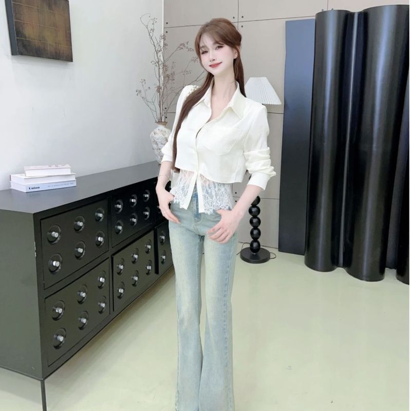 Pháp Ren Khâu Trắng Dài Tay Áo Sơ Mi Nữ Xuân Thu Thu Thiết Kế Hẹp Niche Dây Đeo Sang Trọng Tính Khí Hàng Đầu