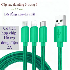 Dây cáp sạc 3 đầu bọc dù đa năng nhiều màu sắc - dài 1.2m . Dùng được cho nhiều dòng điện thoại và thiết bị điện khác