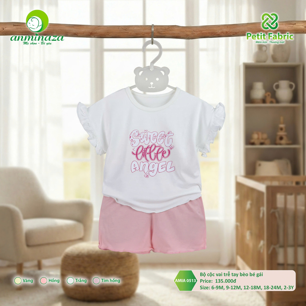 Bộ cộc vai trễ tay bèo bé gái Anminaza Vải Sợi Tre Petit Thấm Hút Thoáng Mát - Hàng Chính Hãng AMIA0513