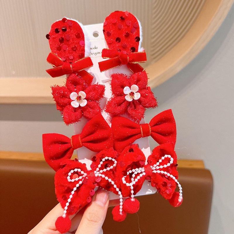 Set 8 Kẹp Tóc Nơ Bằng Lông Nhung Mầu Đỏ Mừng Năm Mới Dành Cho Bé Gái Mẫu Mới 2025