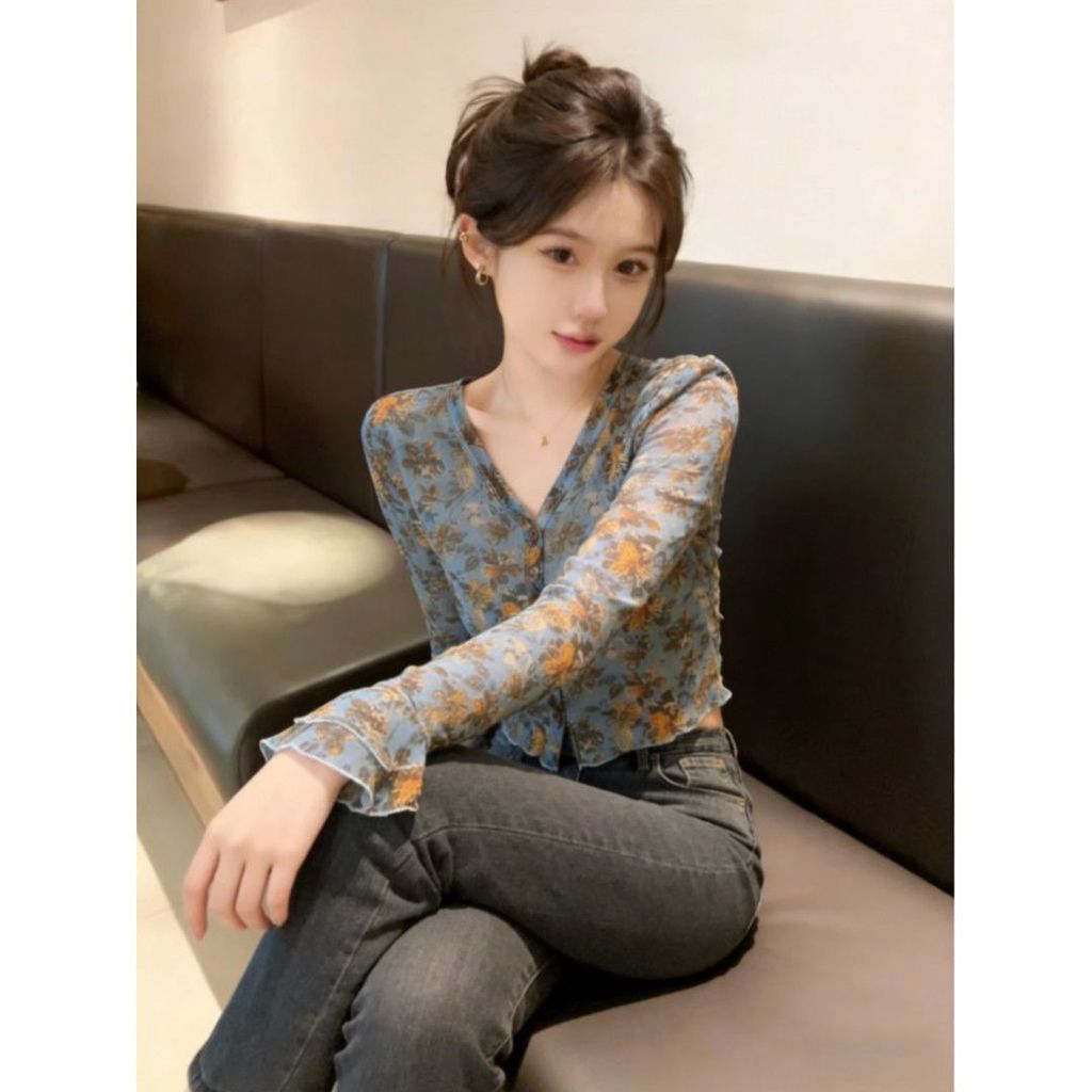 Milyfashion Nhẹ Nhàng Hoa Co Giãn Gạc Hơi Trong Suốt Tay Dài In Hình Chữ T Phong Cách Mới