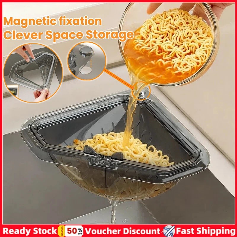 Giỏ lọc bồn rửa hình tam giác từ tính Máy bắt thức ăn & Giỏ thoát nước cho trái cây Rau củ, Dụng cụ sắp xếp bồn rửa nhà bếp góc