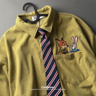 Crazy Zoo Judy Nick - Áo sơ mi tay ngắn chất liệu corduroy có họa tiết hoạt hình, thêu và kèm thắt lưng rời