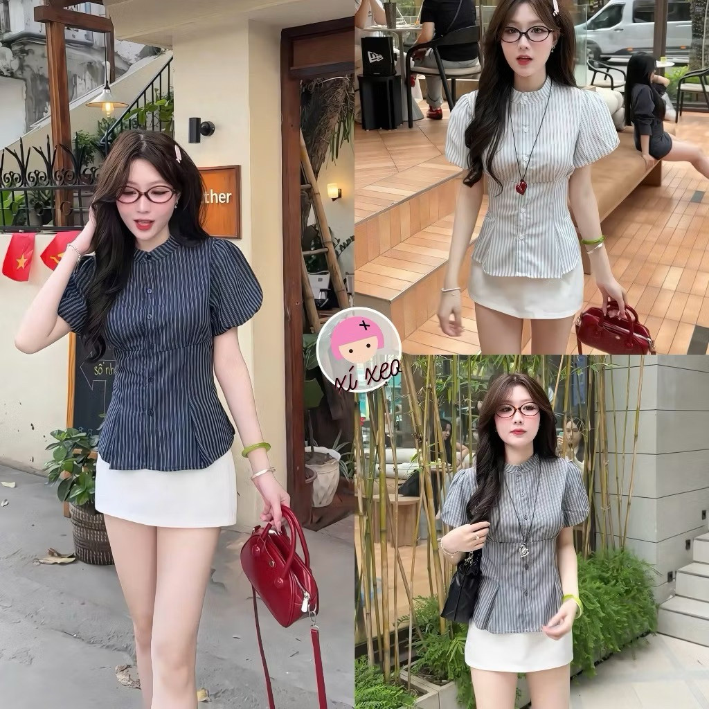Áo sơ mi cổ tàu KENCO chiết eo kẻ linen xinh tay phồng - A9067