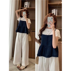 Set Đồ Nữ Áo Thun Trơn Cộc Tay Kèm Áo 2 Dây Xếp Ly Viền Bèo S8060 Thời Trang Nữ