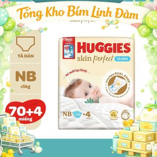 Tã/bỉm dán sơ sinh Huggies Skin Perfect NB70+6/S54+6/S80+2/M76+3 miếng với 2 vùng thấm giảm kích ứng da