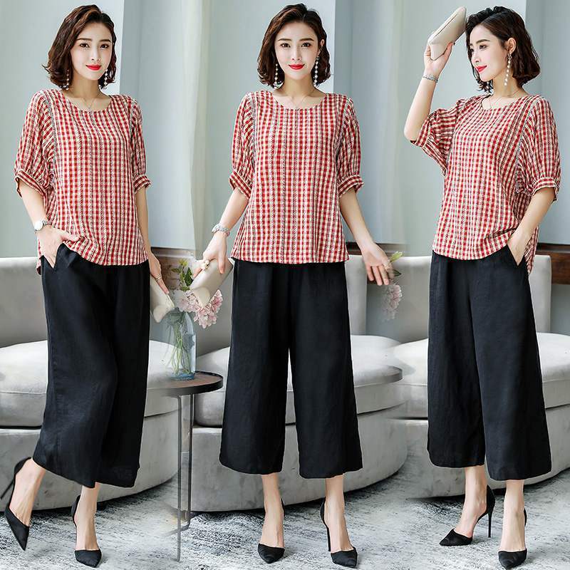 Bộ trang phục Xuân Thu Hè mới dành cho các bà mẹ, thời trang nữ trung niên, bộ hai mảnh cỡ lớn, phong cách thường ngày.