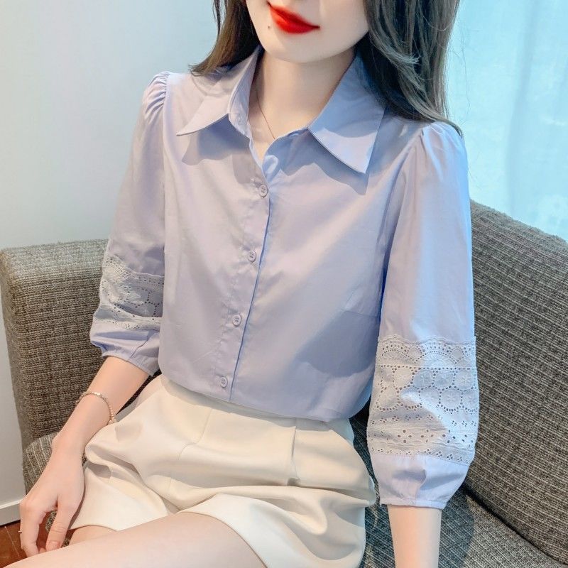 Áo sơ mi nữ cotton tay phồng, dáng rộng, che bụng, áo tay ba phần, phong cách thời trang.