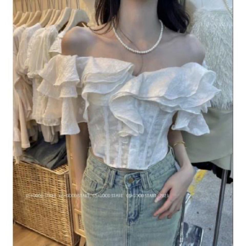 Áo Trễ Vai Bánh Bèo 2 Tầng Hoa Siêu Nữ Tính, Áo Sơ Mi Trễ Vai Ngắn tay ( Có Bigsize) - Sam Botique N33