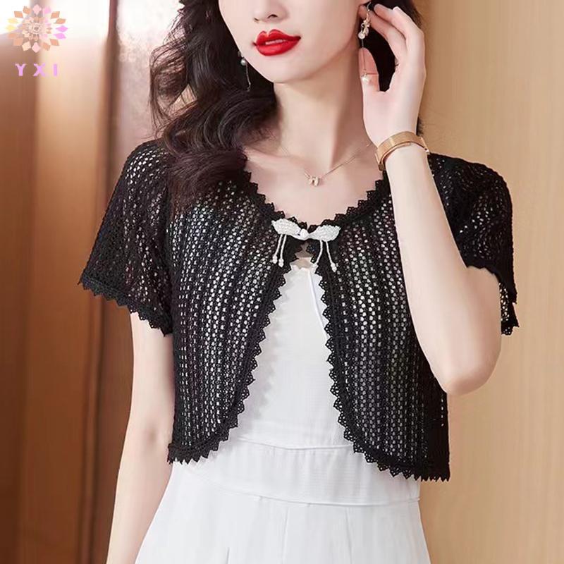 Cardigan nữ mùa hè chất liệu ren rỗng, tay ngắn, màu trơn mới