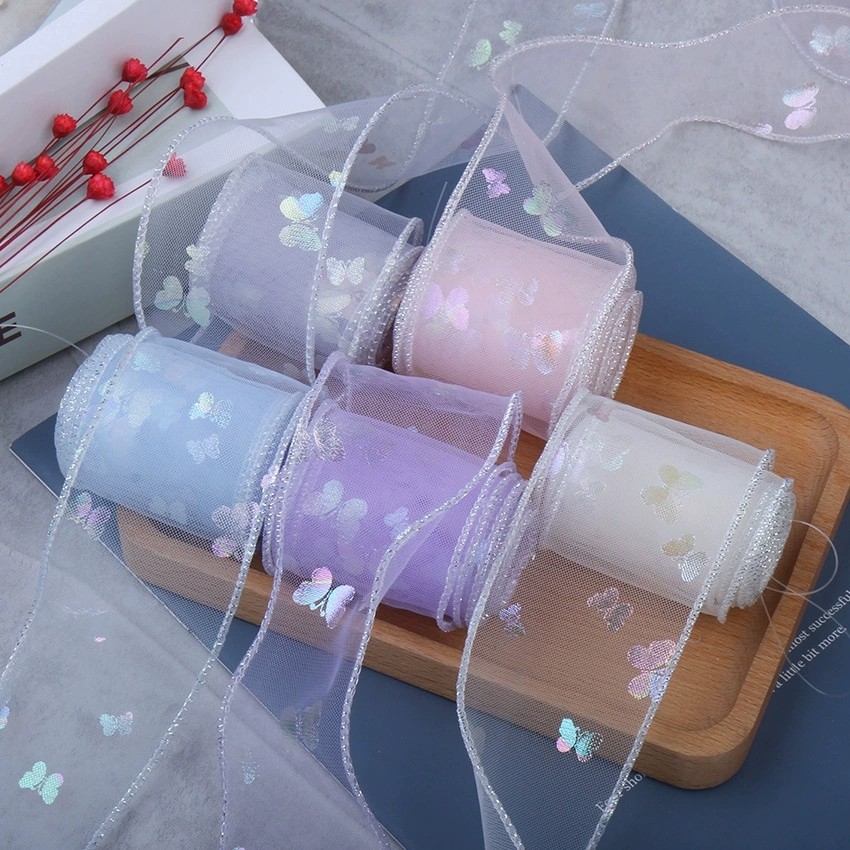 5M / Cuộn Long Lanh Bạc Cạnh Bướm Vải tuyn Ruy Băng DIY Thủ Công Và Trang Trí Tiệc