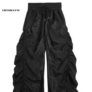 Quần ống rộng nữ co giãn, lưng cao có túi, thiết kế shirring, phù hợp xuân thu