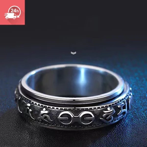 Tính khí cổ điển Nhẫn thần chú sáu nhân vật tối giản bạc Thái Lan có thể xoay bên ngoài cho nhẫn nam và nữ