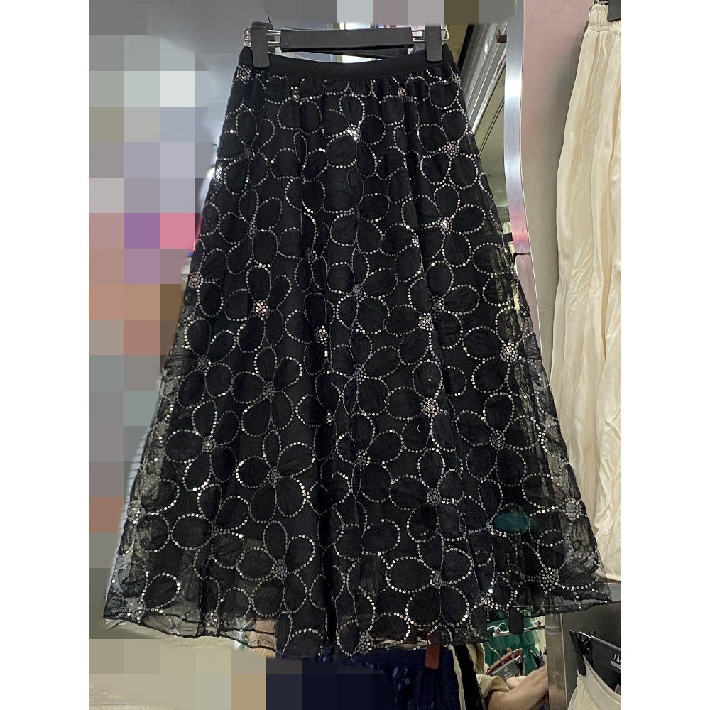Váy voan đính sequin mùa thu/đông mới, kiểu Pháp ngọt ngào, ren hoa, lưới, dáng xòe
