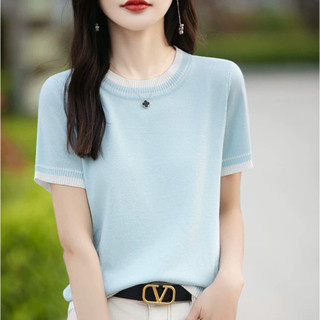 Áo len lụa ngắn tay nữ, cổ tròn mỏng nhẹ - Phong cách Hàn Quốc, phù hợp mùa hè
